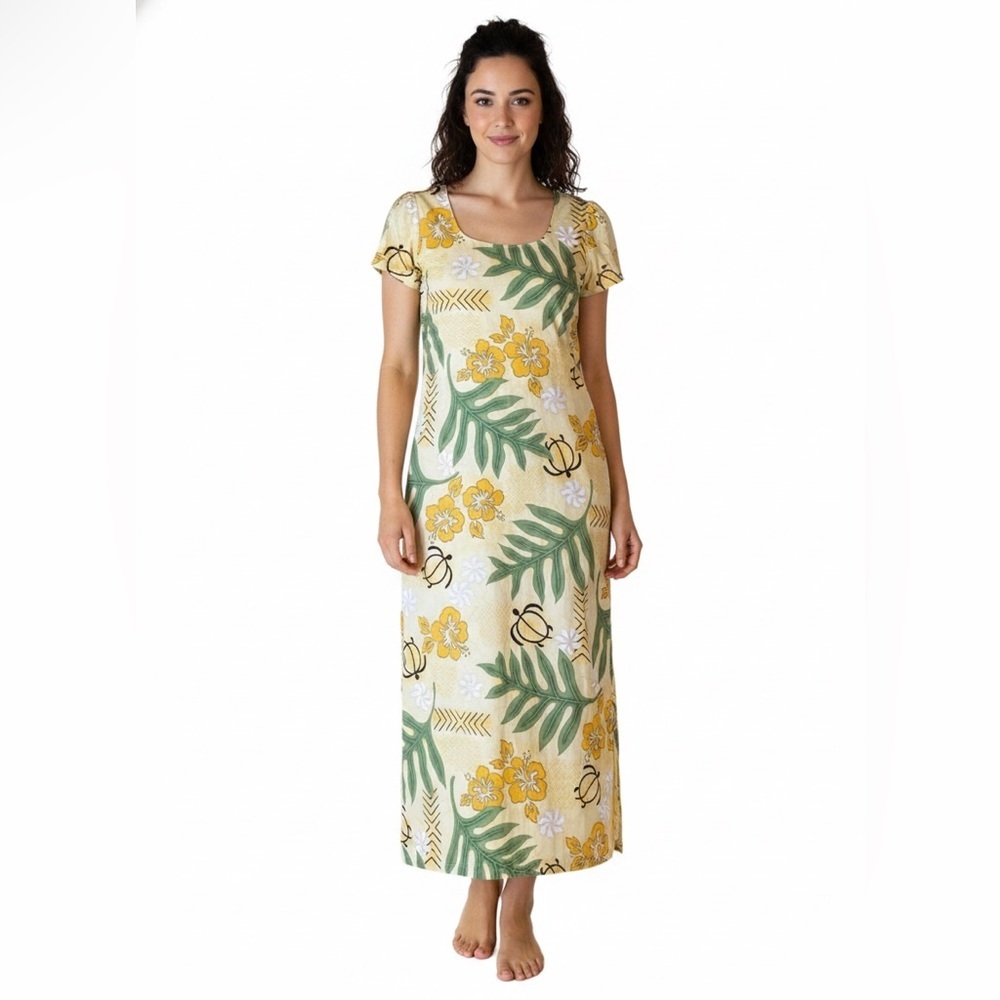 Winnie Fashion Vintage Hawaiian Muumuu Dress S Yellow Floral Cotton Maxi Slit